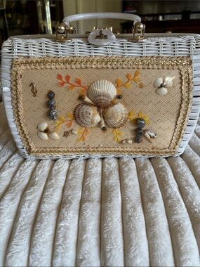 White Wicker Shell-Embellished Handbag Atlas Hollywood, Florida iconic 1950s